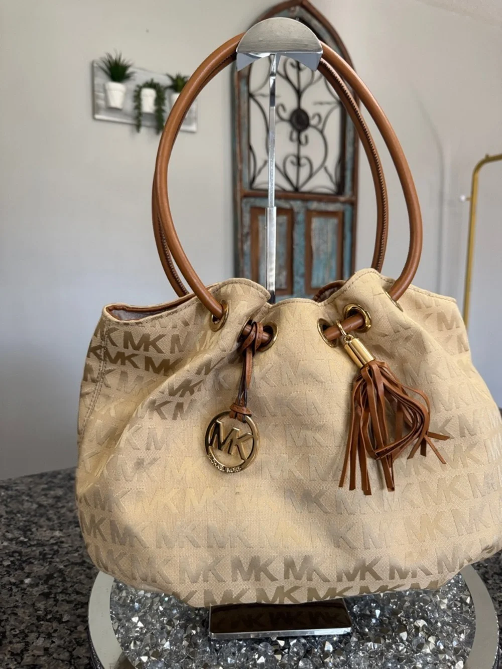 Michael Kors Beige MK Monogram Round handle Tote EUC